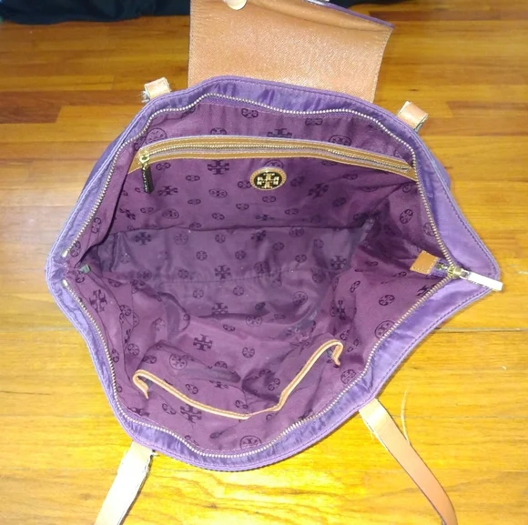 Tory Burch Large Purple Nylon Zip Top Travel Tote Bag Purse - Picture 4 of 16